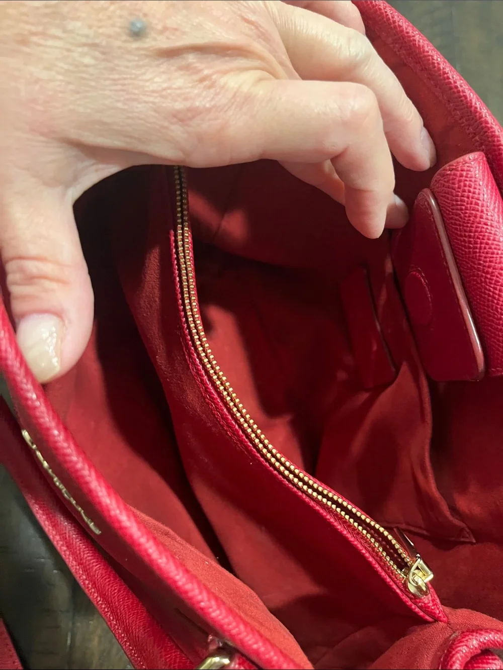 Coach Red Saffiano Leather Satchel with Gold Hardware